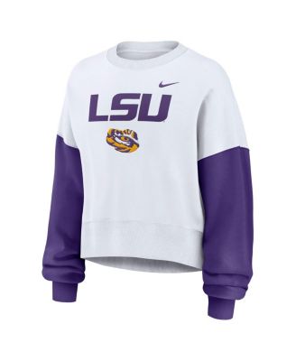 Women's White LSU Tigers Color-Block Oversized Cropped Pullover Sweatshirt