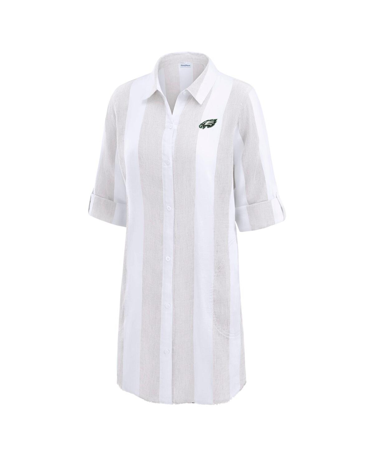 Tommy Bahama Women's Khaki/white Philadelphia Eagles Rugby Beach Stripe Button-up Tunic Top In Khaki,white