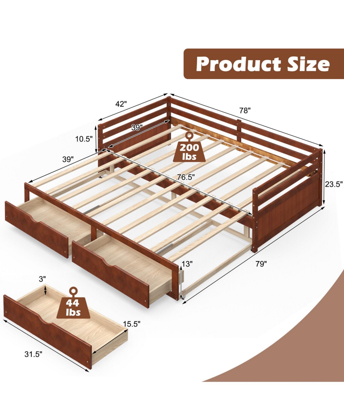 Extendable Twin to King Daybed with Trundle and 2 Storage Drawers