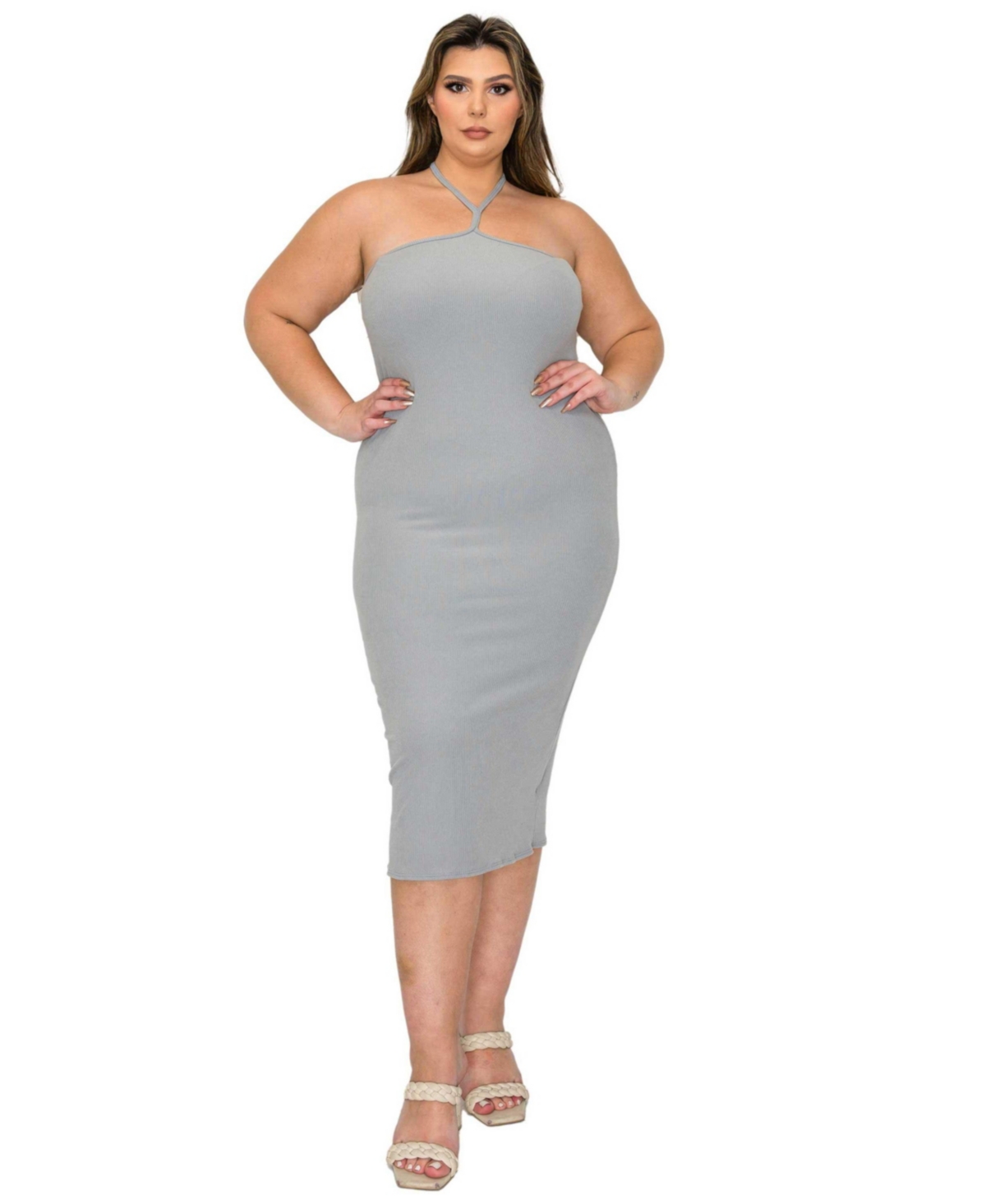 Plus Size Sienna Tie Neck Rib Dress - Light grey