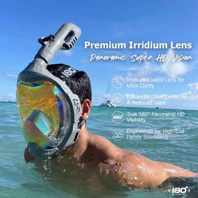 MOFLOW+ IRRIDIUM Full Face Snorkel Mask Gray L/XL – Panoramic View, CO2-Free, 4X Oxygen, Anti-Fog, Dry Snorkel, Camera Mount, Silicone, Premium Straps