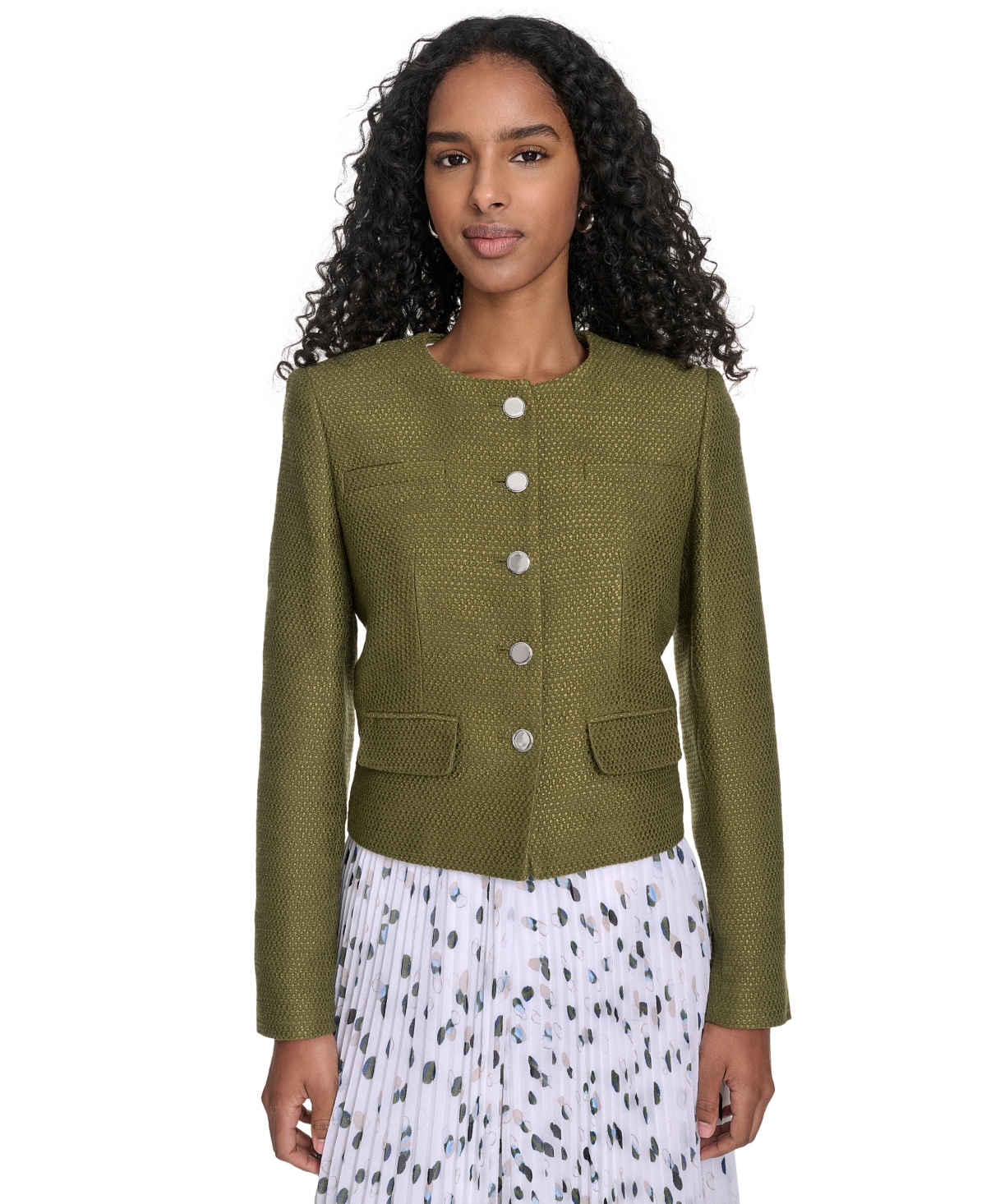 Calvin Klein Women's Tweed Collarless Button-front Jacket