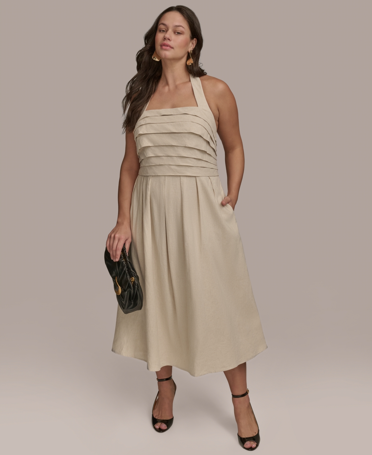 Donna Karan Plus Size Pleated-bodice Halter Neck Midi Dress