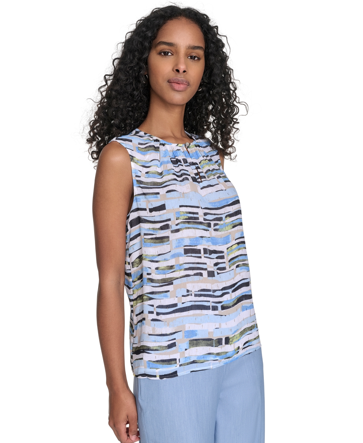 Calvin Klein Women's Printed Keyhole-neck Sleeveless Blouse