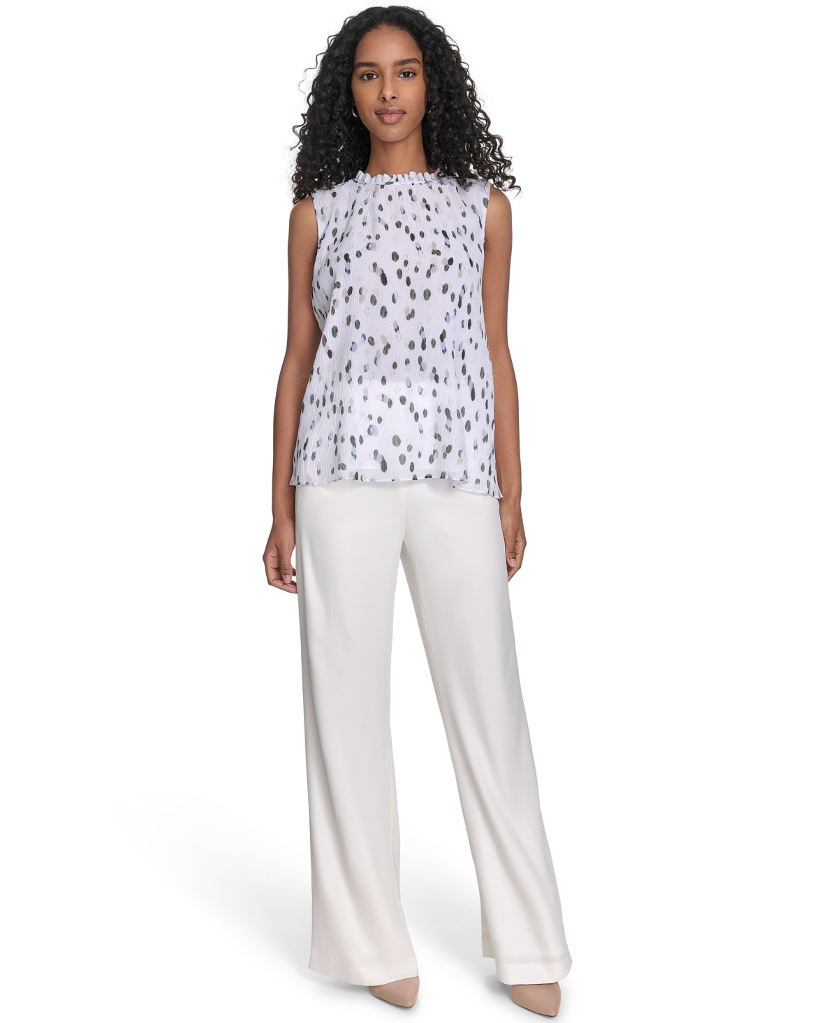 Calvin Klein Women's Printed Ruffled-neck Sleeveless Blouse