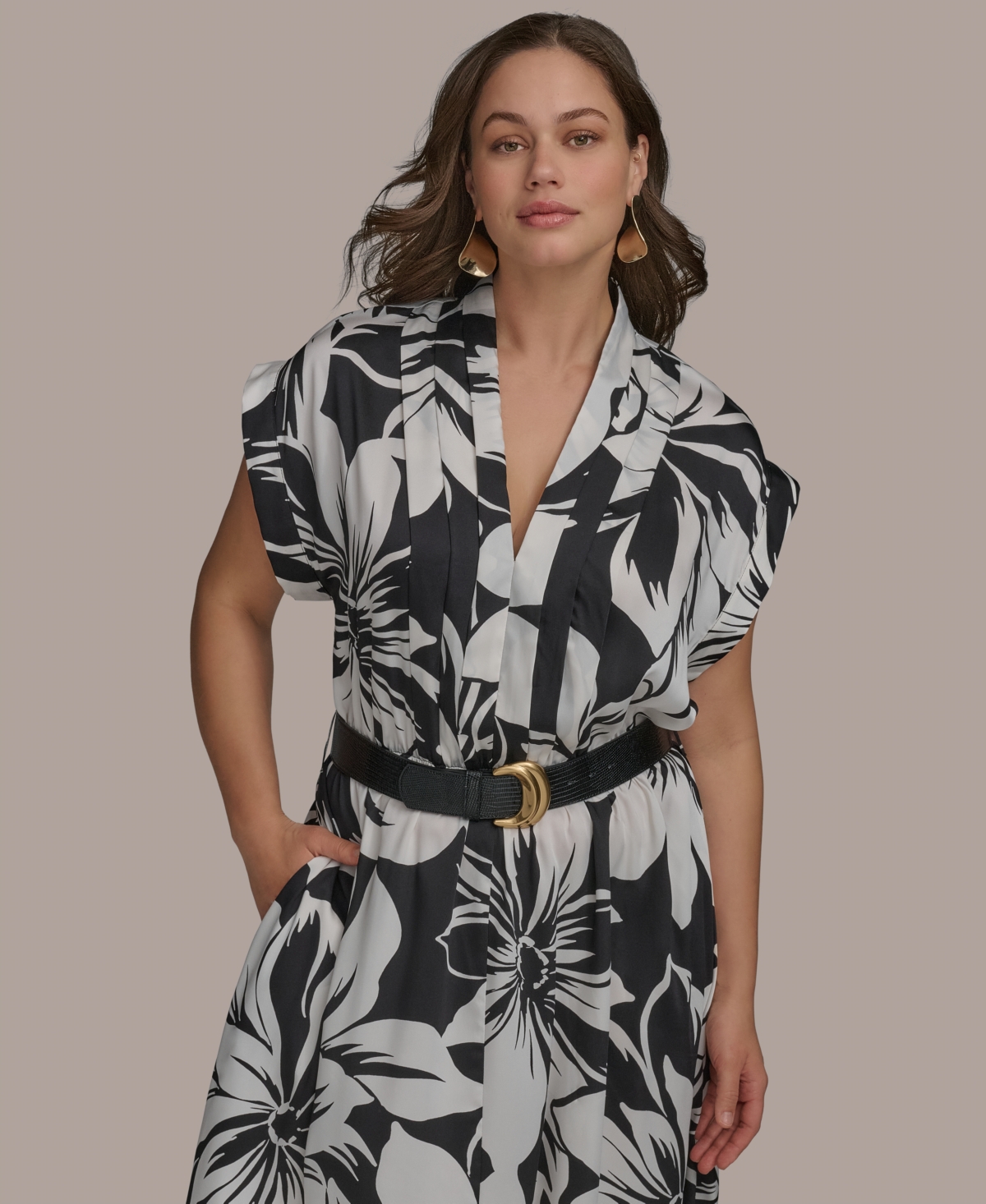 Donna Karan Plus Size Printed Belted A-line Dress In Black Pristine