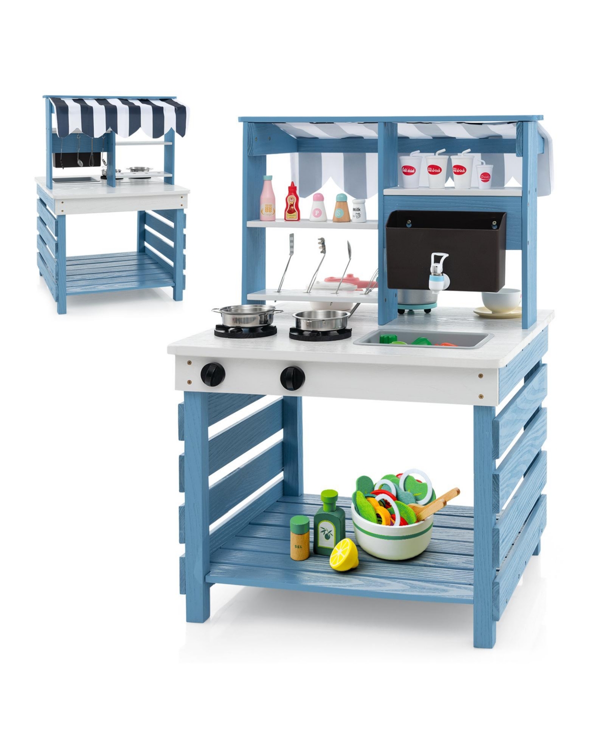 Double-Sided Wooden Play Kitchen with Stoves and Grocery Stand, Pretend Play Set - Blue