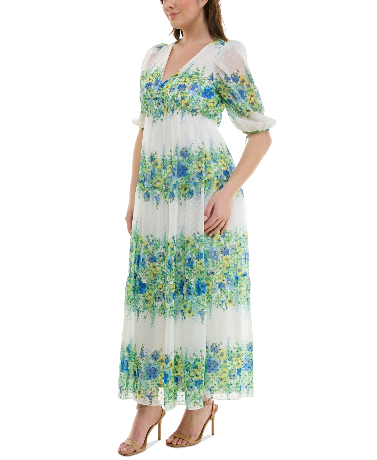 Taylor Plus Size Floral-print Chiffon A-line Midi Dress In Ivory Cerulean