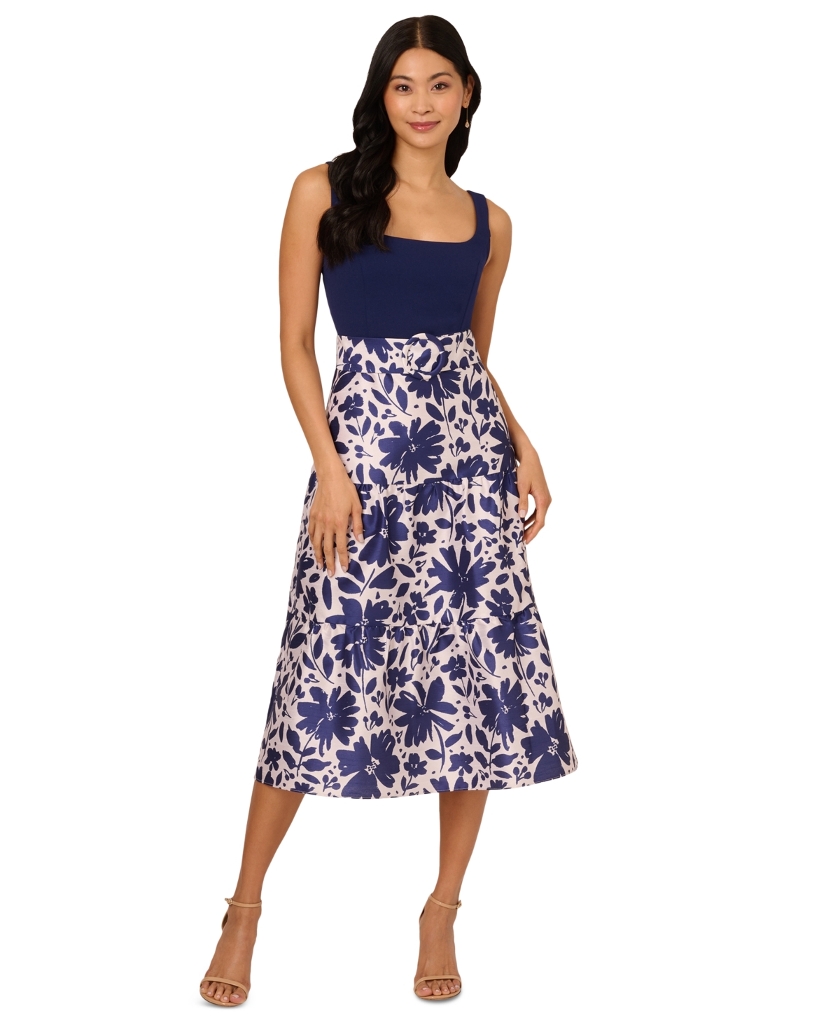ADRIANNA PAPELL WOMEN'S MIXED-MEDIA SLEEVELESS MIDI DRESS 