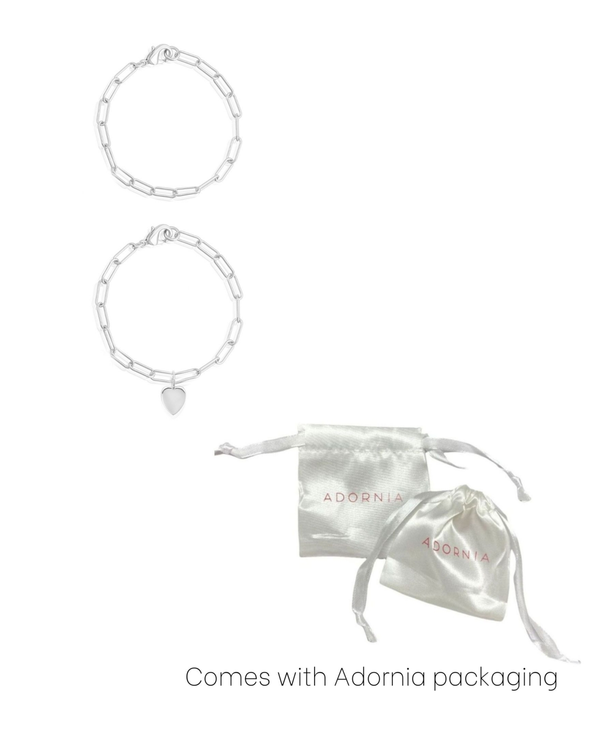 Adornia Tarnish Resistant Silver Plated Heart Paper Clip Chain Bracelet Set In Silver