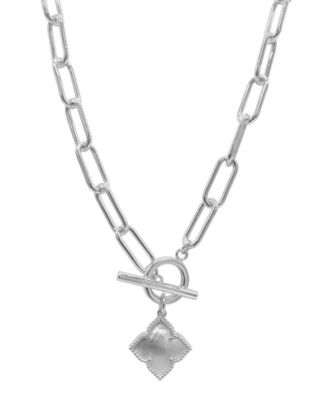 Silver White Mother of Pearl Flower Paper Clip Chain Toggle Necklace