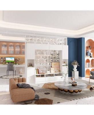 TV stand with bookshelf and 10 cabinet doors, multi-purpose media console, entertainment center in white wood