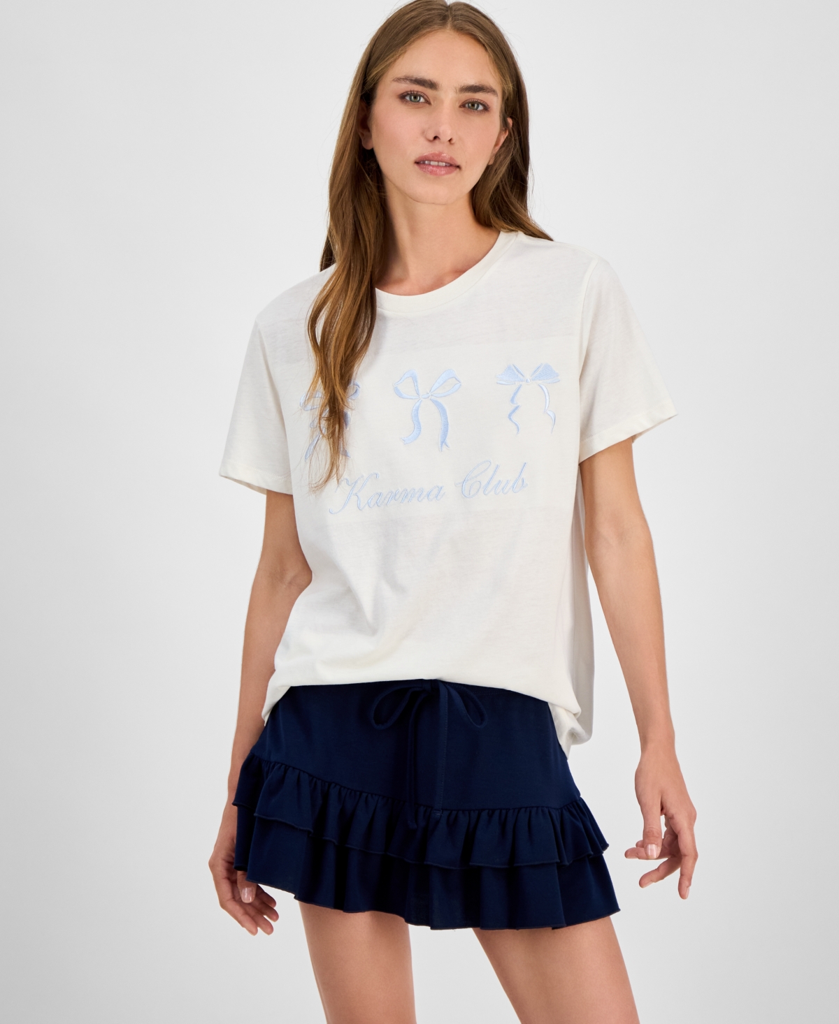 Juniors' Karma Club Bow Graphic T-Shirt - White