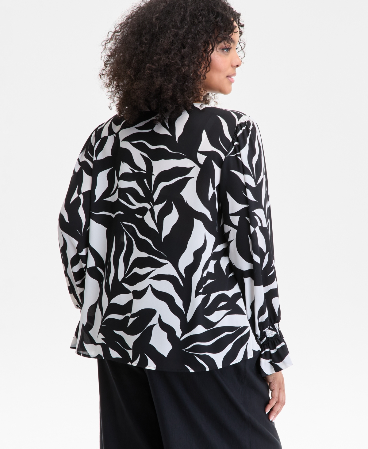 Inc International Concepts Plus Size Leaf-print Bell-sleeve Top, Exclusively At Macy's