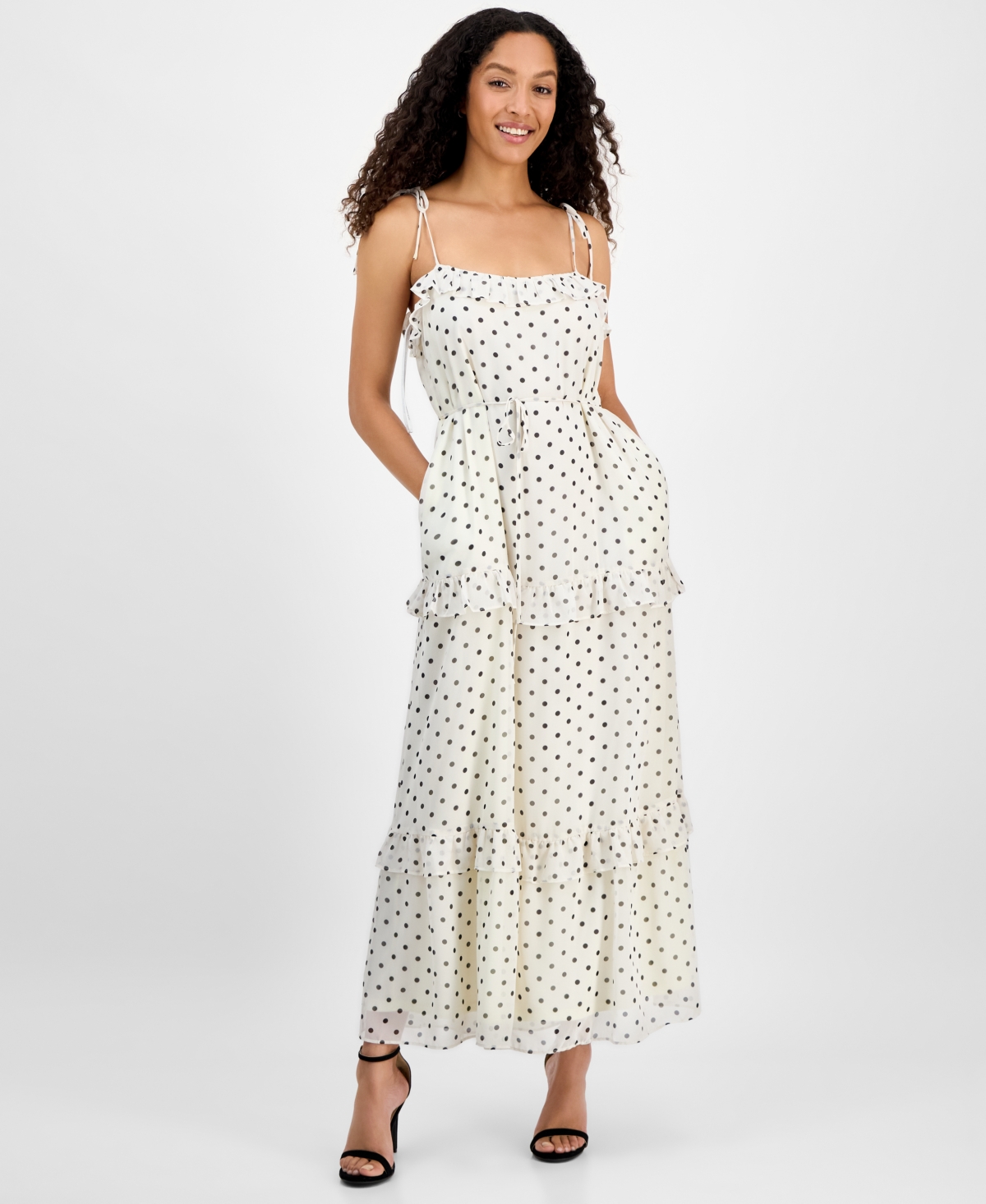 Women's Tie-Strap Ruffle-Tier Maxi Dress - White/blac