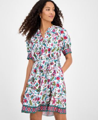 Women's Printed Tie-Neck Short-Puff-Sleeve Dresss