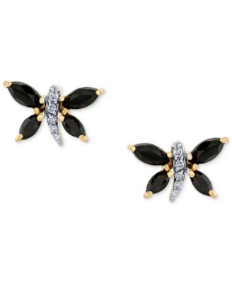 Marquise Onyx (5 x 2-1/2 mm) & Diamond Accent Butterfly Stud Earrings in 14k Yellow Gold