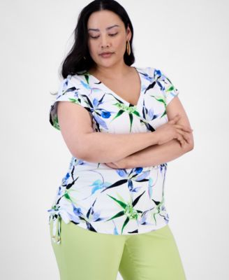I.N.C. International Concepts - Plus Size V-Neck Printed Side-Ruched Top, Exclusively at Macy's