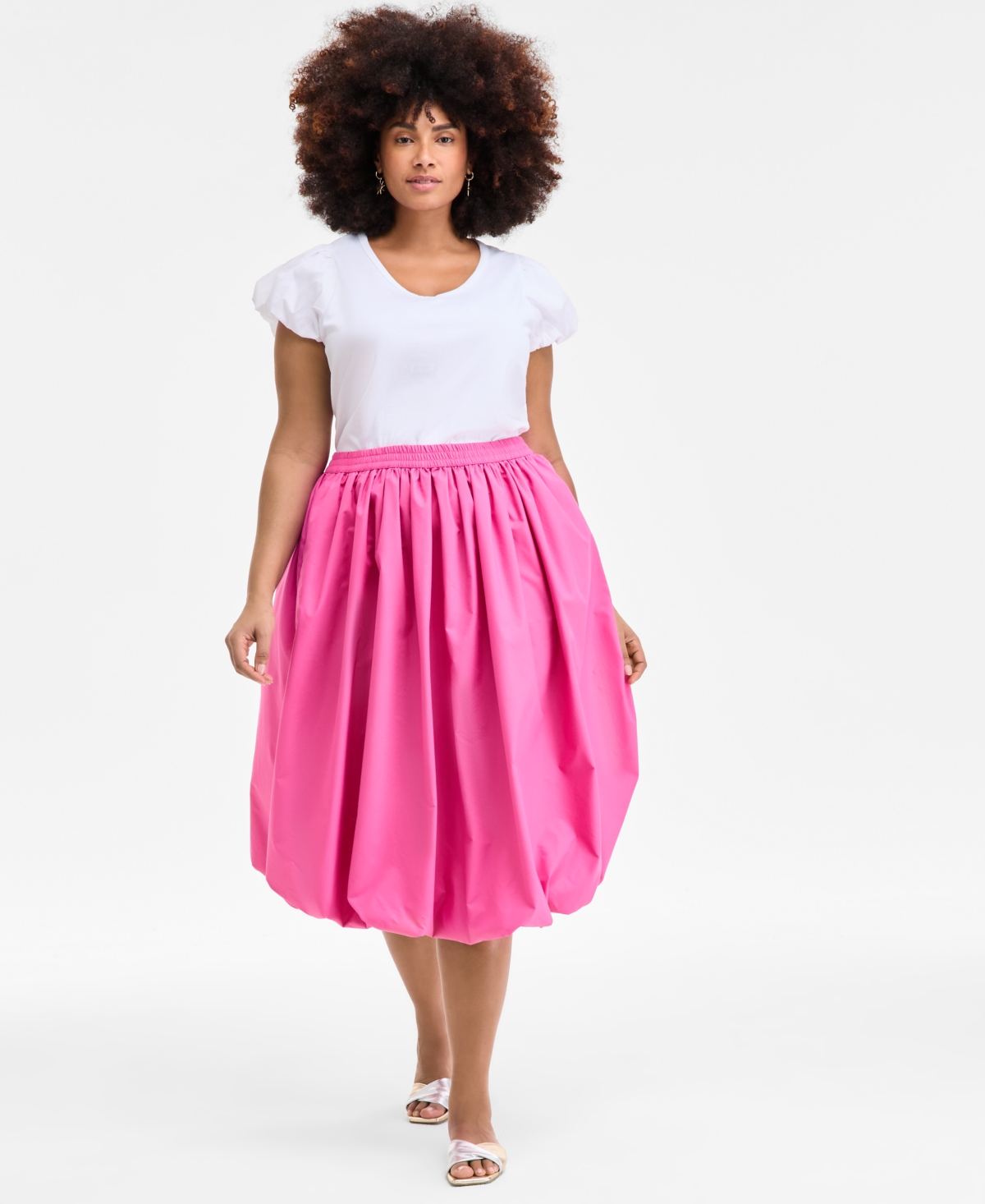 On 34th Trendy Plus Size U-neck Short-puff-sleeve Cotton Top, Exclusively At Macy's In White