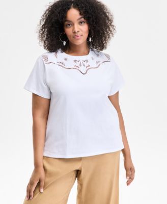 I.N.C. International Concepts - Plus Size Cotton Lattice-Inset Top