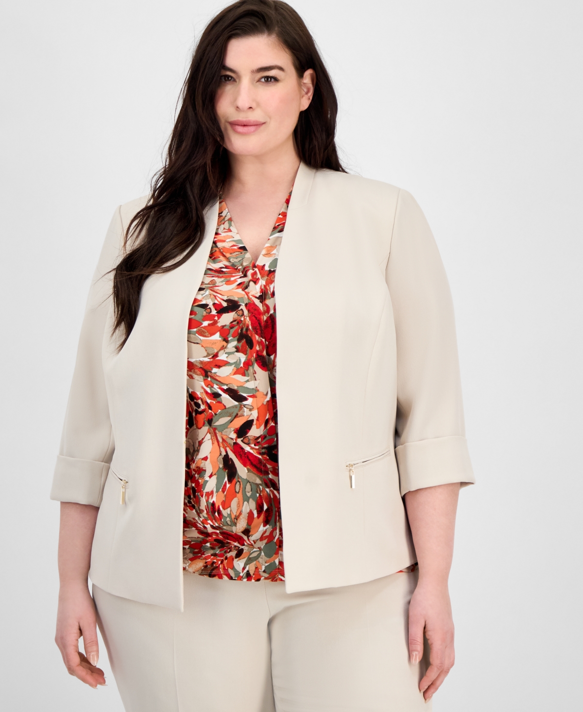 Kasper Plus Size Zip-pocket Cuffed 3/4-sleeve Blazer