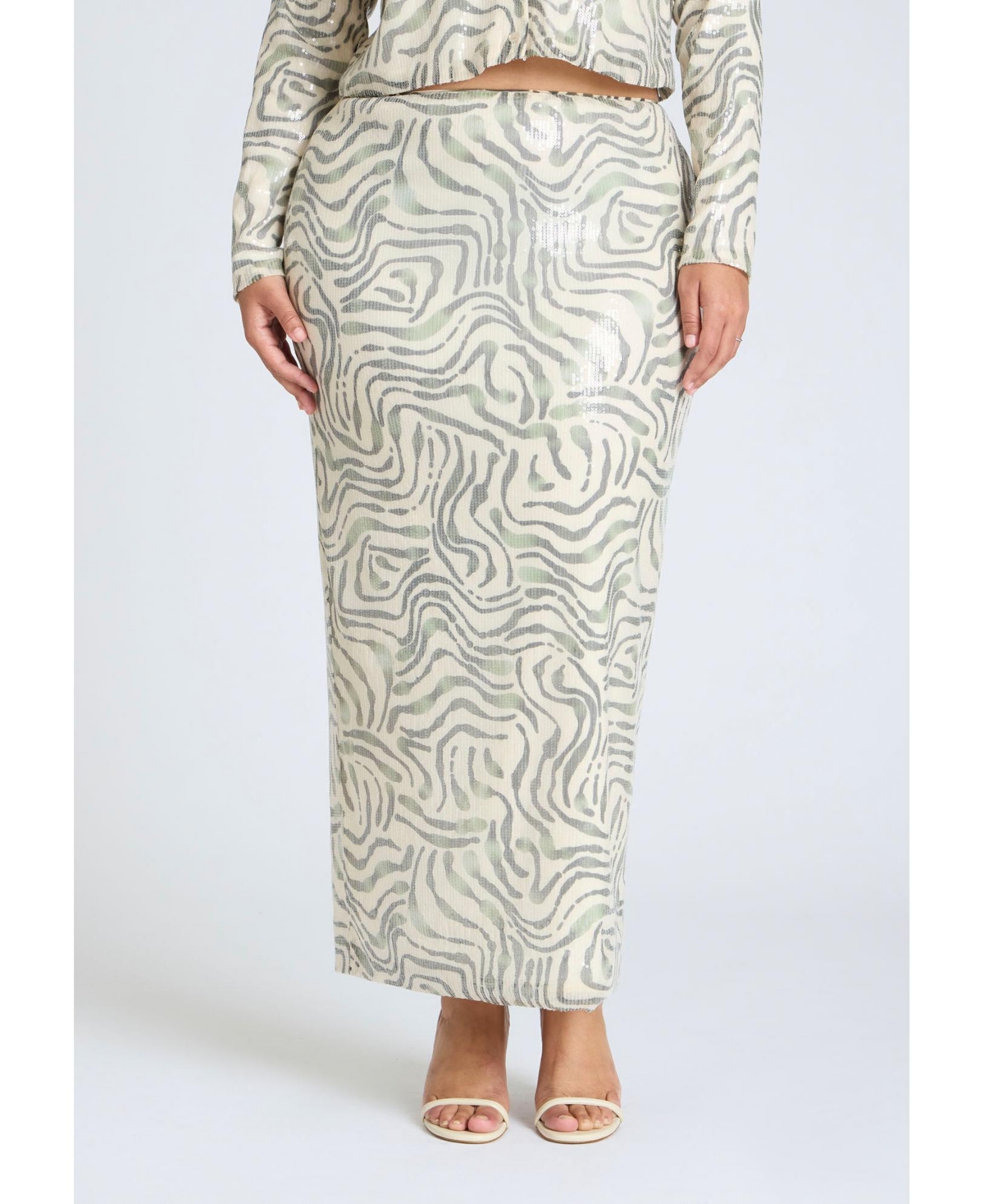 Plus Size Printed Sequin Maxi Skirt - Spring green squiggles