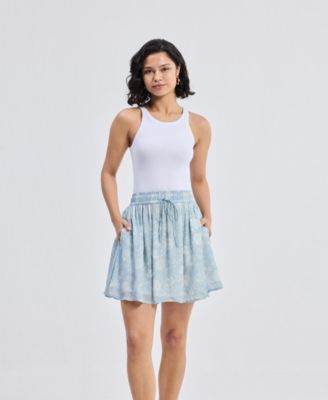 Women's Drawstring Short Skirt in Blue Florals