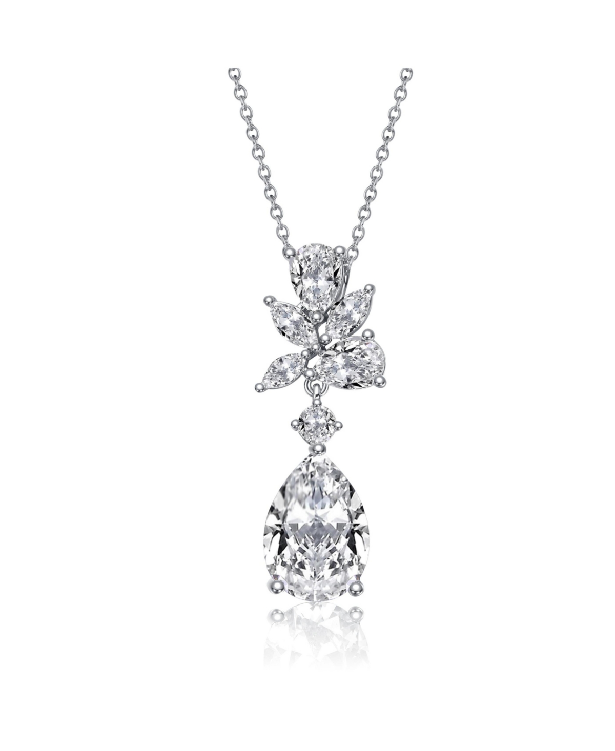 White Gold Plated with Colored Cubic Zirconia Teardrop Cluster Pendant Necklace - Blue