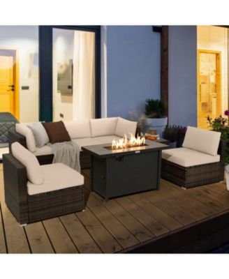 7PCS Patio Rattan Furniture Set Fire Pit Table Cover Cushion