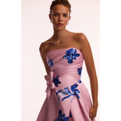 Women's Dainty pink A-line maxi dress with blue-flowered pattern