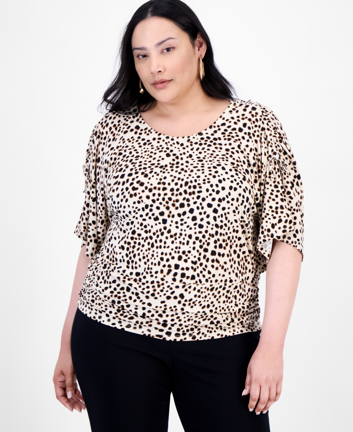 Plus Size Printed Ruched-Shoulder Top, Exclusively at Macy's - Ivy Palm Toffee