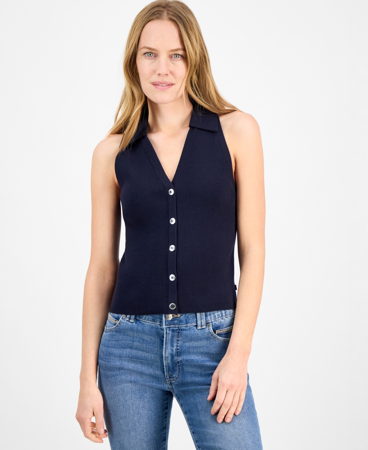 Nautica Jeans Women's Cotton Collared Sleeveless Sweater
