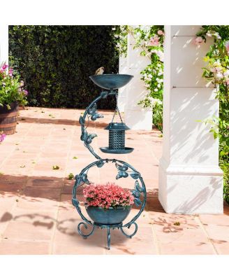 Bird Bath and Solar Bird Feeders Combo with Flower Planter Pedestal