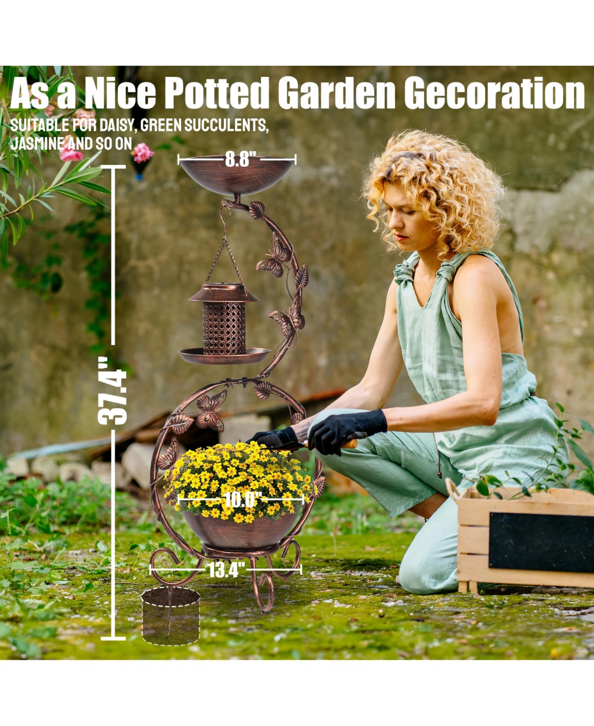 Bird Bath and Solar Bird Feeders Combo with Flower Planter Pedestal