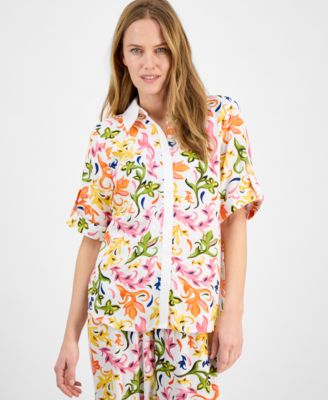 JM Collection - Women's Short-Sleeve Floral Button-Up Shirt