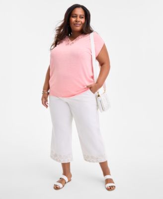 Style & Co Style Co Plus Size Lace Trim V Neck Short Sleeve T Shirt High Rise Wide Leg Crop Jeans Exclusively A
