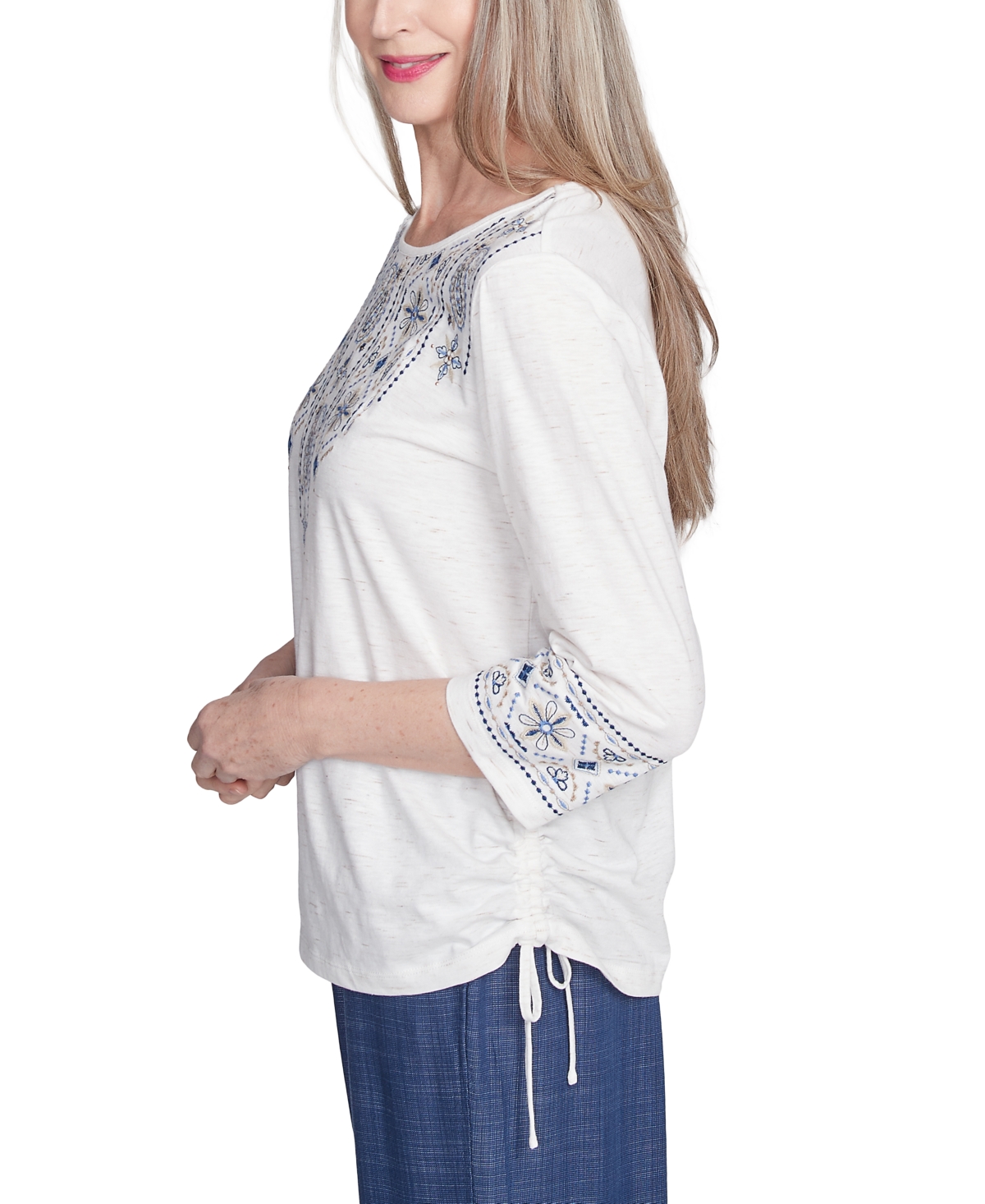 Alfred Dunner Plus Size Summer Solstice Linear Embroidered Tie Sleeve Top