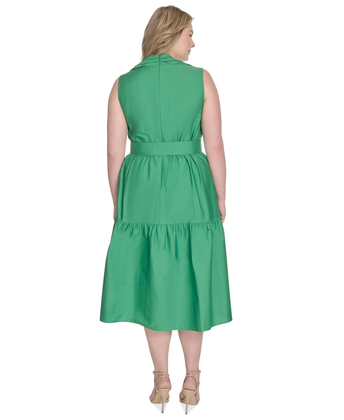 Vince Camuto Plus Size Cotton Belted Tiered Sleeveless Midi Dress