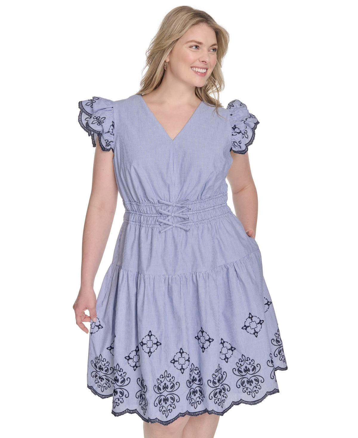 Vince Camuto Plus Size Flutter-sleeve Embroidered Cotton Dress