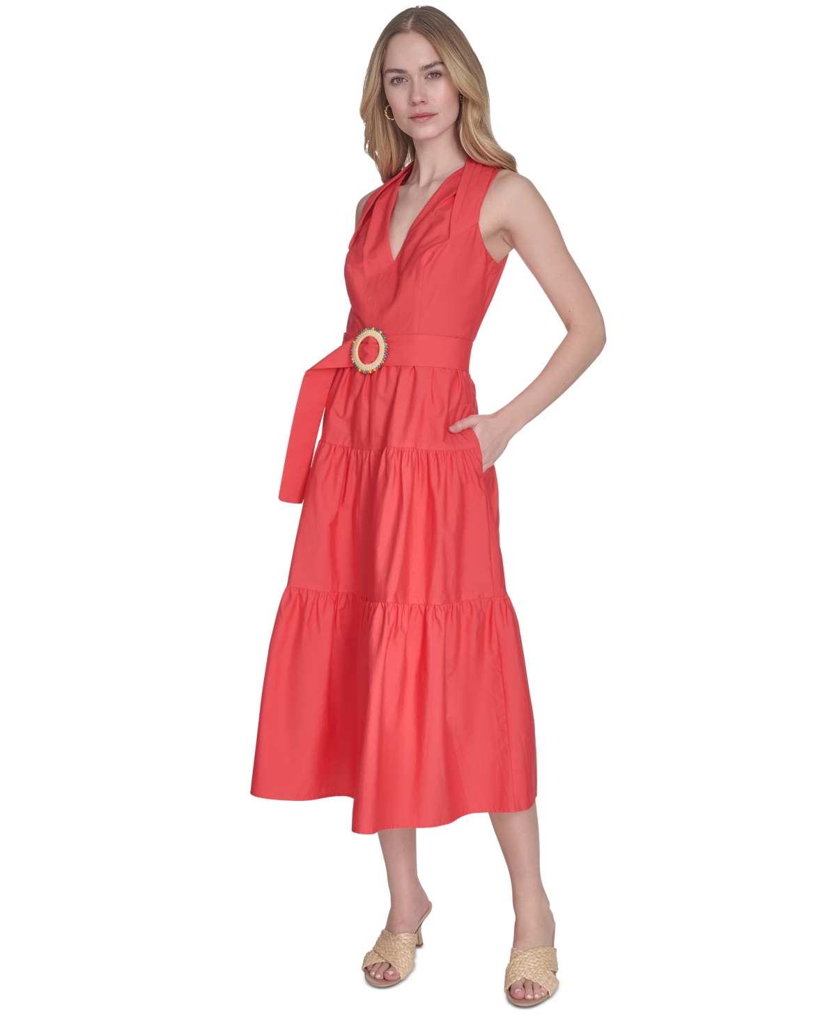 Vince Camuto Petite Cotton Belted Sleeveless Tiered Midi Dress In Red