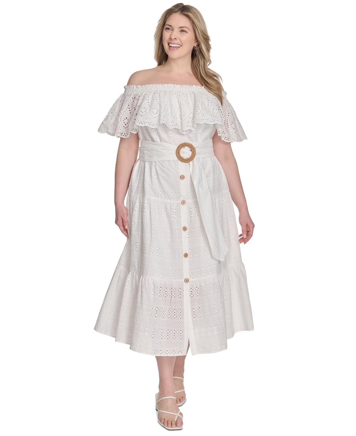 Eliza J Plus Size Eyelet Off-the-shoulder Belted Midi Dress