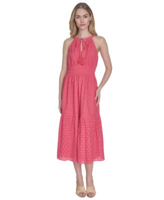 Vince Camuto - Petite Cotton Tie-Neck Sleeveless Tiered Dress