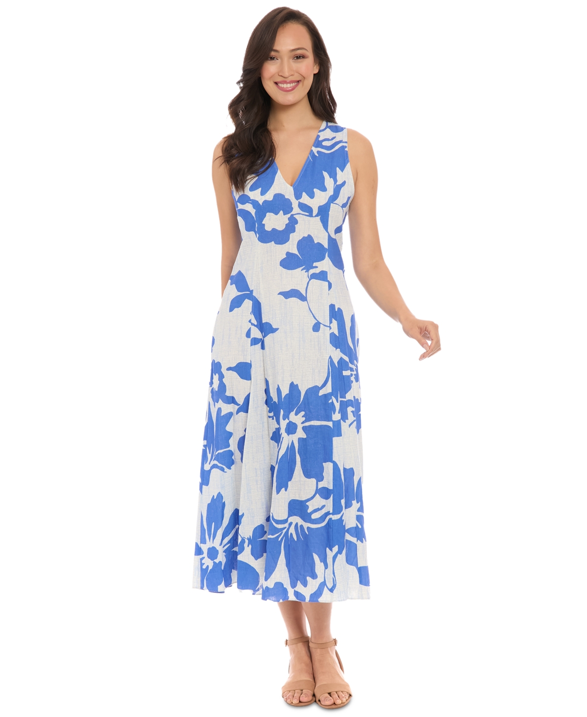 Women's V-Neck Godet-Pleat A-Line Dress - Lt Blu/blu