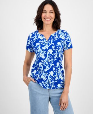 売れ筋商品|||スタイルアンドコー カットソー トップス レディース Women's Printed Short-Sleeve Henley T-Shirt, Exclusively at Macy's Paige White 32261400_fpx.tif?$filterlrg$&