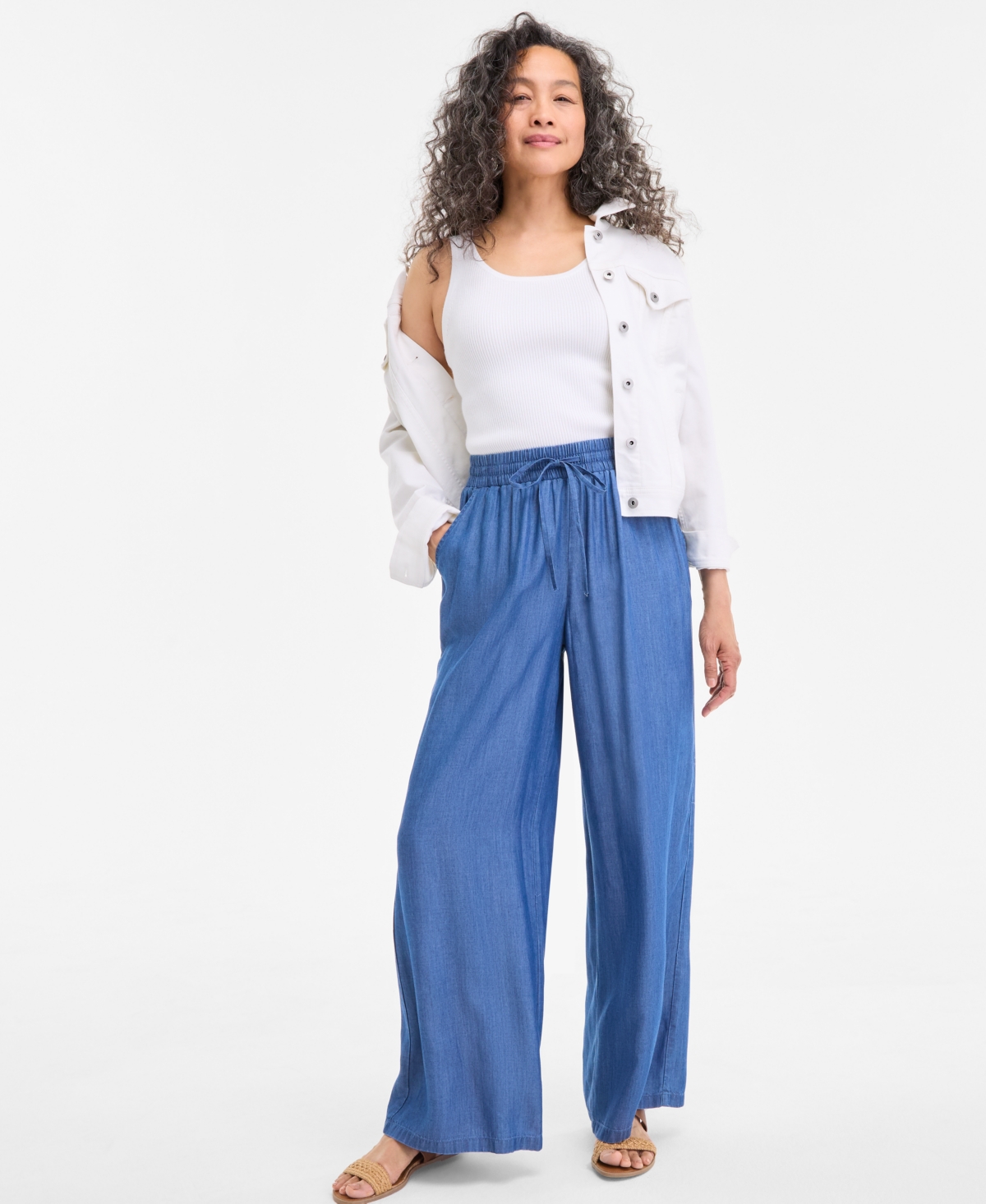 STYLE & CO PETITE GAUZE WIDE-LEG PULL-ON PANTS, CREATED FOR MACY'S 