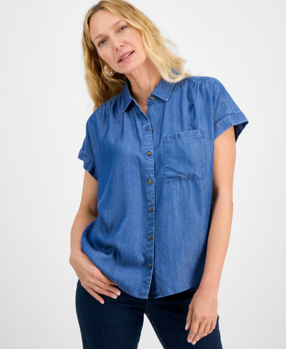 Women's Chambray Camp Shirt, Exclusively at Macy's - Raven Wash
