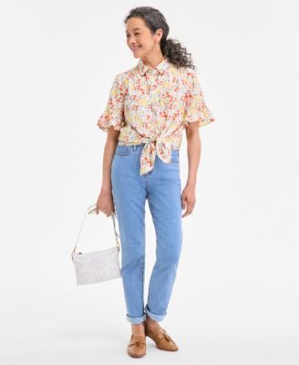 売れ筋商品|||スタイルアンドコー カットソー トップス レディース Petite Madison Ditsy Shine Camp Shirt, Exclusively at Macy's Mad Ditsy White Style & Co Petite Madison Ditsy Shine Camp Shirt