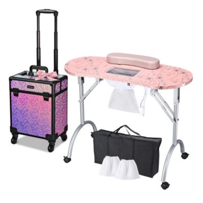 Manicure Table Nail Desk & Rolling Makeup Train Case Kit Mermaid Pink
