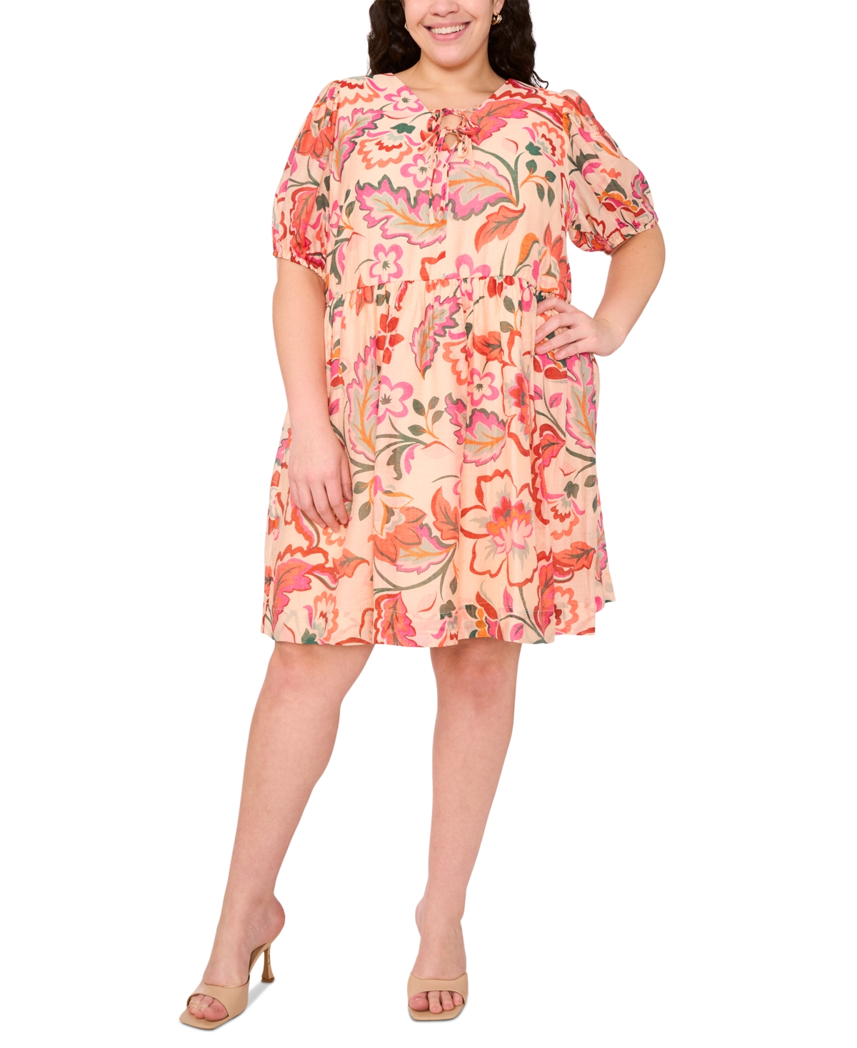 Plus Size Printed Tie-Neck Short-Sleeve Dress - Peach Multi