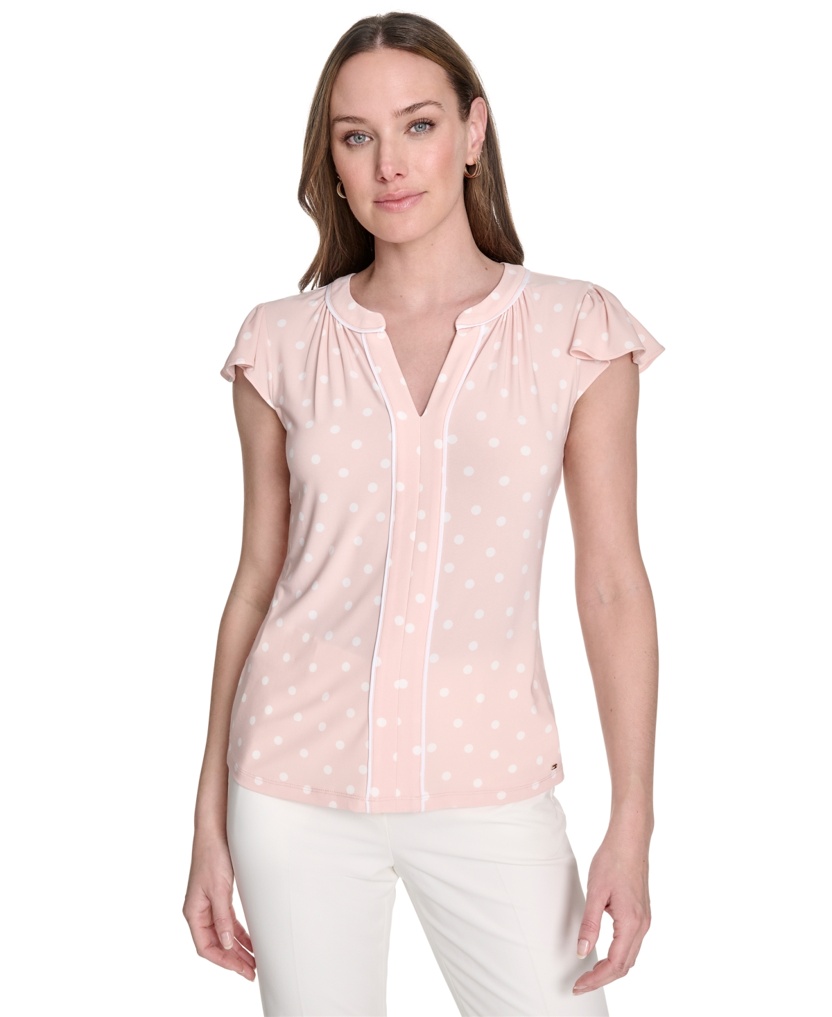 Women's Dot-Print Flutter-Sleeve Blouse - Evening Sand/ Ivory